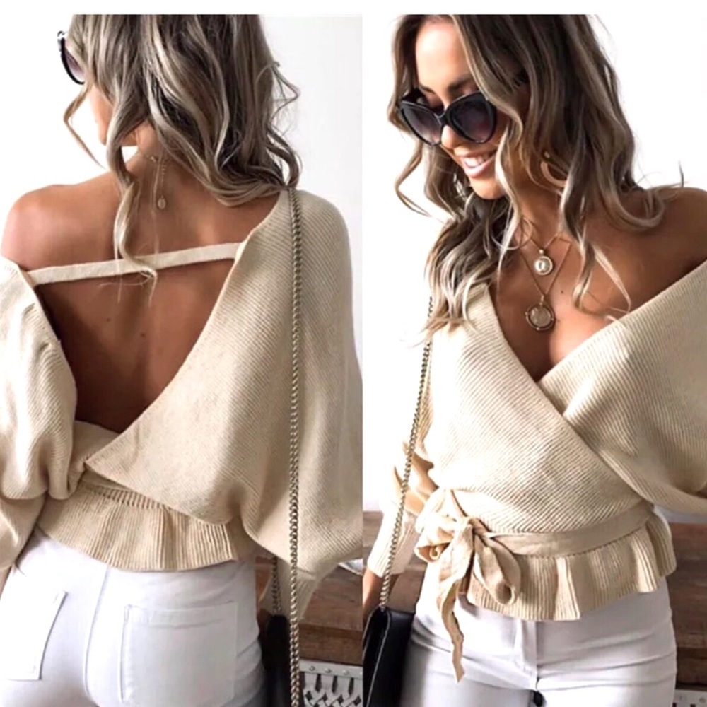 💋BACKLESS LONG SLEEVE FAUX WRAP KNIT TOP💋 - Picture 2 of 8